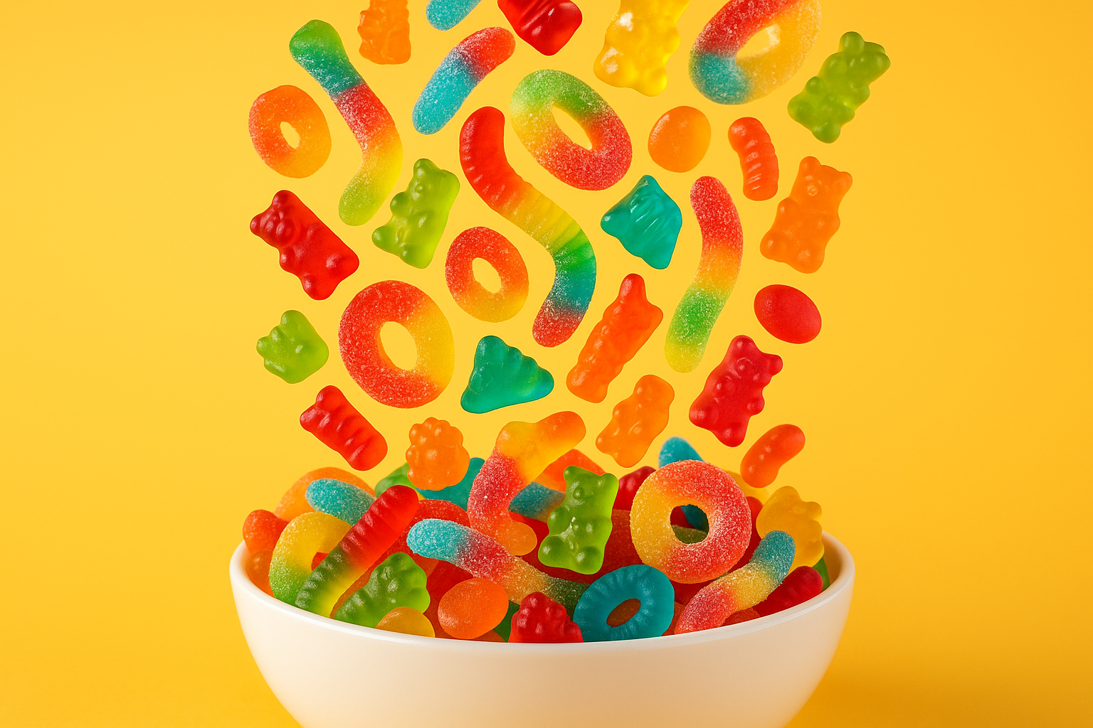 an assortment of different gummy candies pouring into a bowl